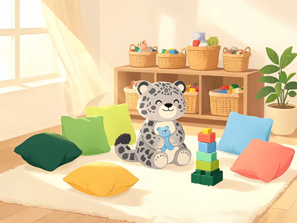 Фирменная иллюстрация мини-сада: уютная игровая с корзинами игрушек и барсом-маскотом среди подушек (рисунок, не фотография центра)
